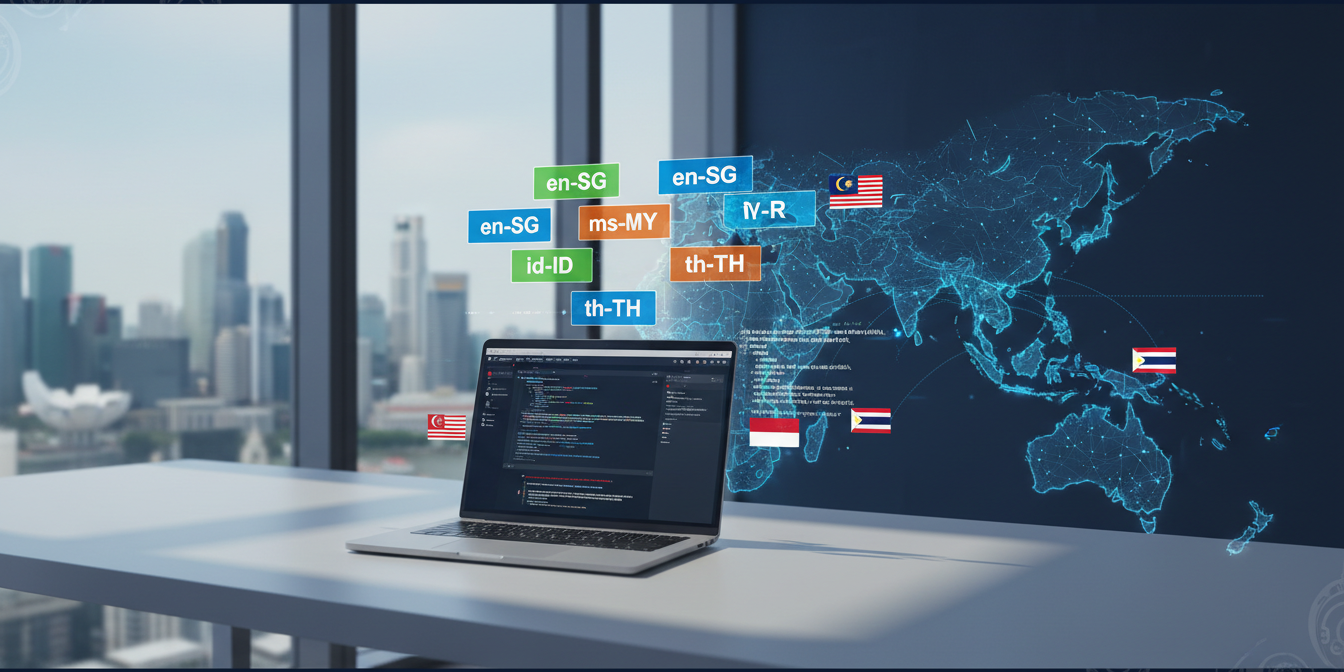 Laptop with hreflang tags en-SG, ms-MY, id-ID, th-TH on a modern desk, Singapore skyline in background.
