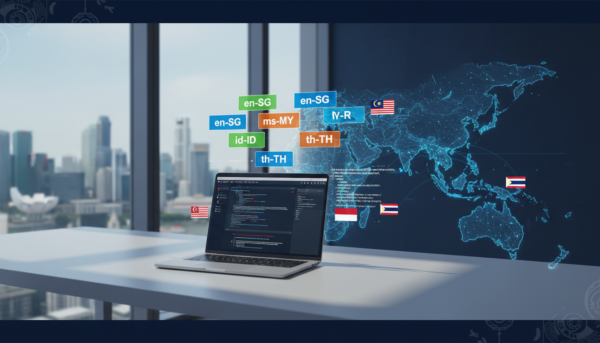 Laptop with hreflang tags en-SG, ms-MY, id-ID, th-TH on a modern desk, Singapore skyline in background.