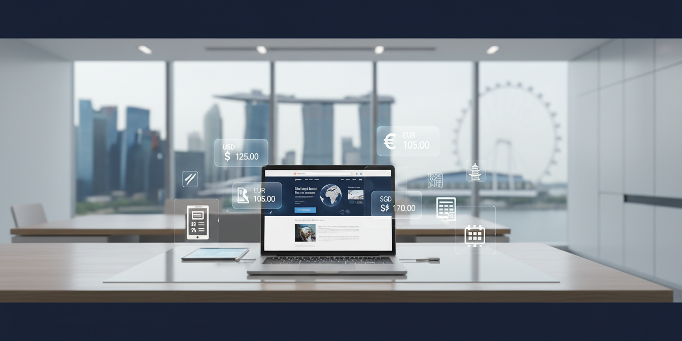 Modern desk with laptop showing multilingual site, holographic price tags, in Singapore office.