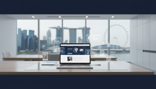 Modern desk with laptop showing multilingual site, holographic price tags, in Singapore office.