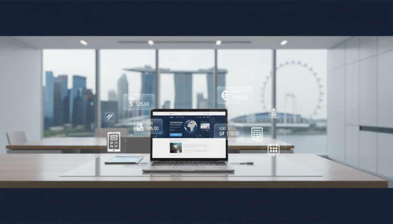 Modern desk with laptop showing multilingual site, holographic price tags, in Singapore office.