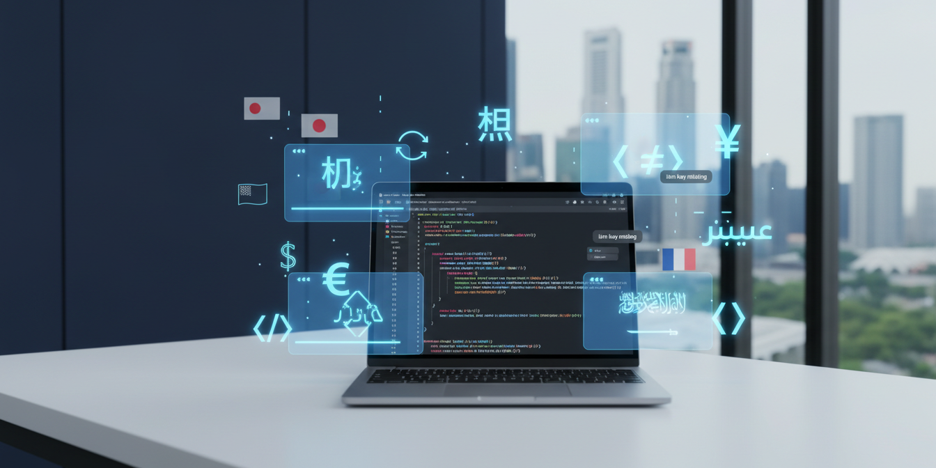 Modern developer workspace with React code on laptop, surrounded by holographic elements and international symbols.