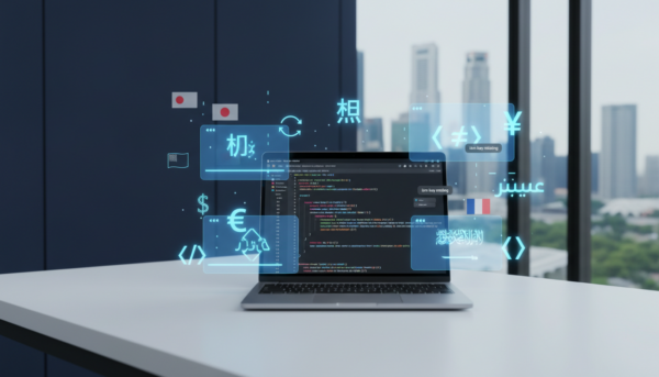 Modern developer workspace with React code on laptop, surrounded by holographic elements and international symbols.