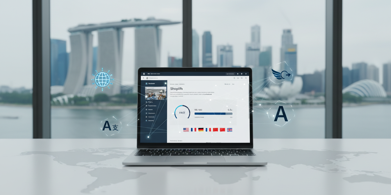 Modern laptop on white desk showing Shopify with speed gauges, global icons, Singapore skyline.