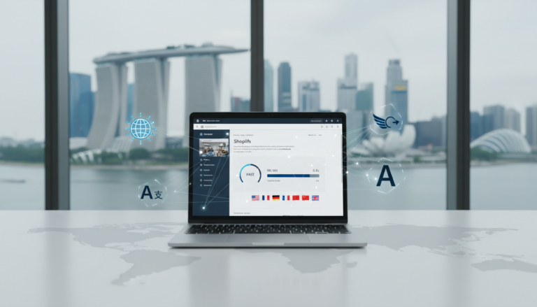 Modern laptop on white desk showing Shopify with speed gauges, global icons, Singapore skyline.