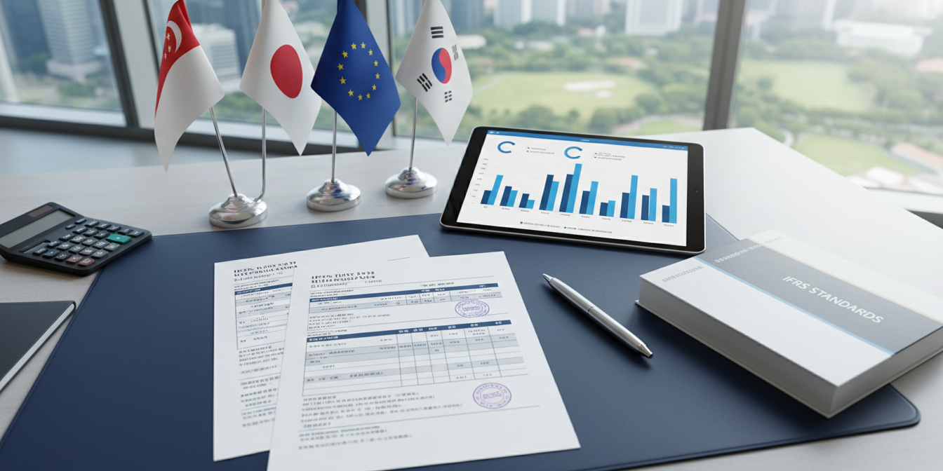 Modern Singapore office desk with multilingual financial documents, IFRS book, tablet with blue bar charts, city skyline.