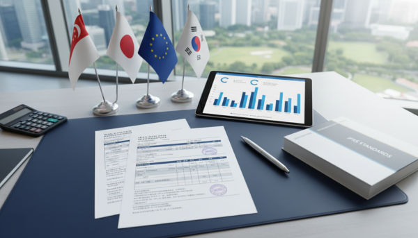 Modern Singapore office desk with multilingual financial documents, IFRS book, tablet with blue bar charts, city skyline.