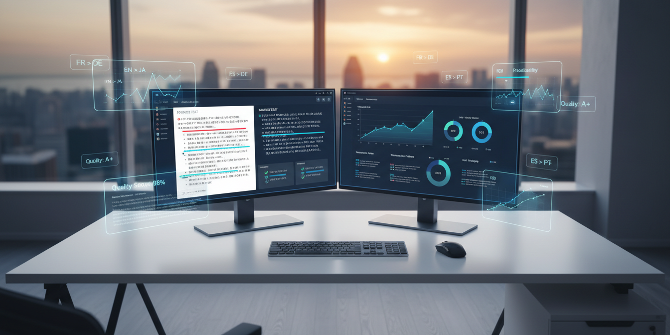 Modern workspace with dual monitors showing translation metrics, Marina Bay skyline view.