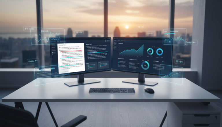 Modern workspace with dual monitors showing translation metrics, Marina Bay skyline view.