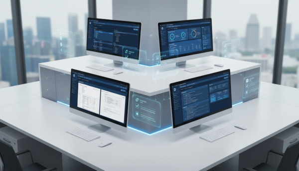 Modern workspace with four monitors displaying translation software, Marina Bay skyline.