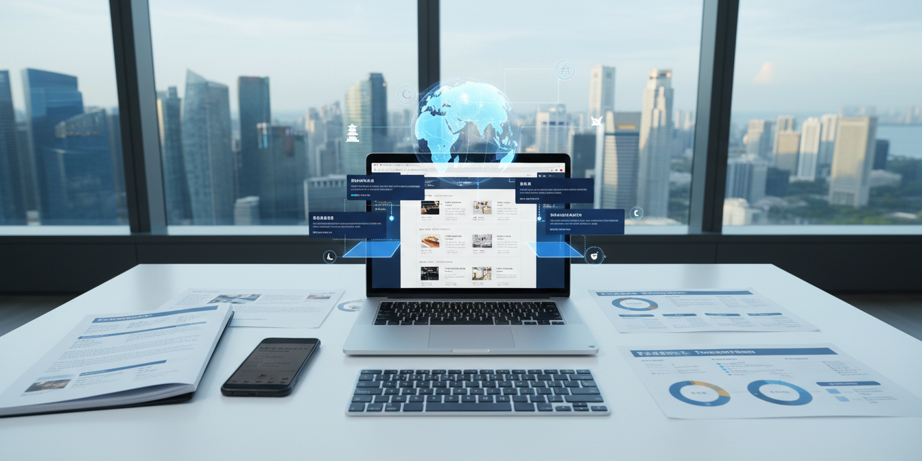 Modern workspace with laptop displaying multilingual e-commerce catalog, surrounded by documents, smartphone, skyline view.