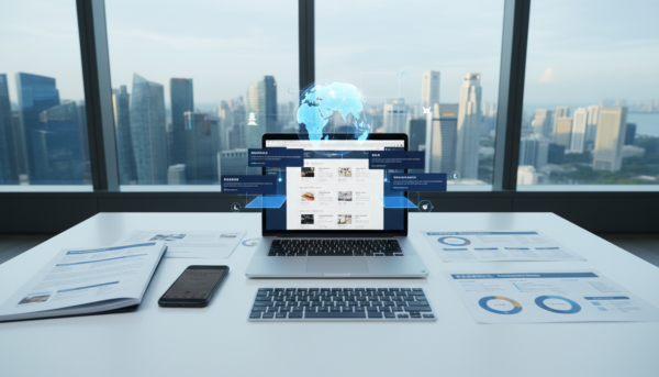 Modern workspace with laptop displaying multilingual e-commerce catalog, surrounded by documents, smartphone, skyline view.