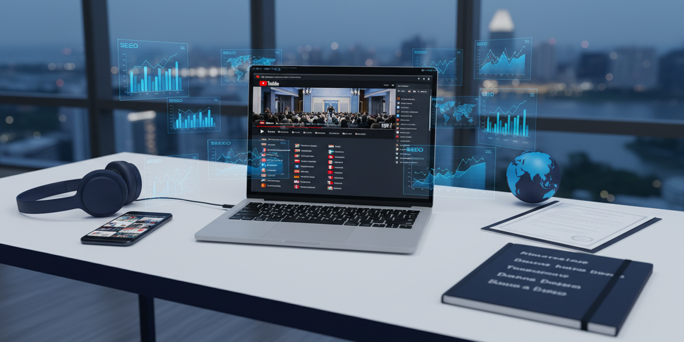 Modern workspace with laptop showing YouTube, SEO graphs, flags, Marina Bay skyline view.