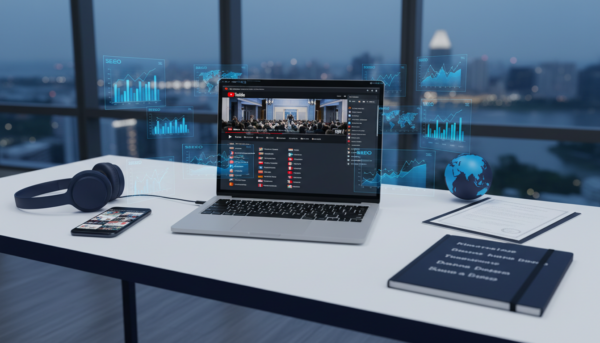 Modern workspace with laptop showing YouTube, SEO graphs, flags, Marina Bay skyline view.