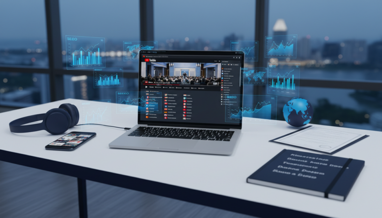 Modern workspace with laptop showing YouTube, SEO graphs, flags, Marina Bay skyline view.