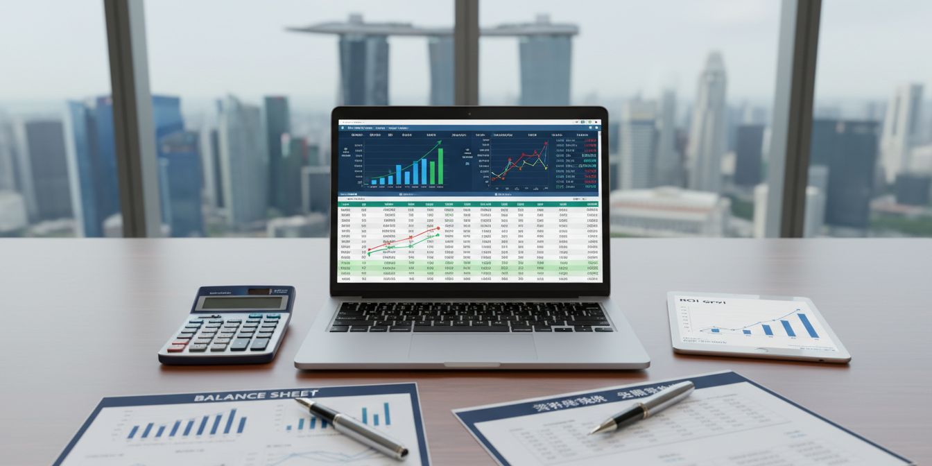 Modern workspace with open laptop showing financial spreadsheets, calculator, documents, cityscape view.