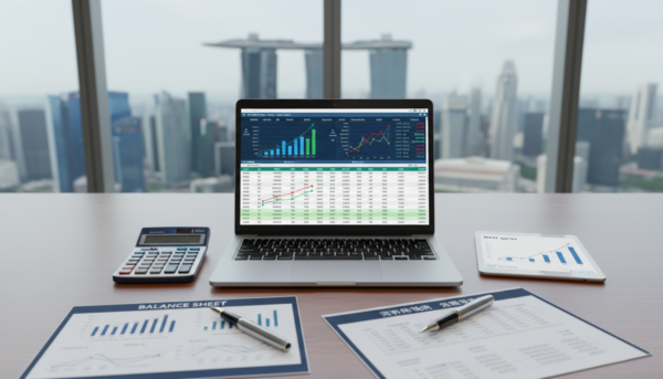 Modern workspace with open laptop showing financial spreadsheets, calculator, documents, cityscape view.