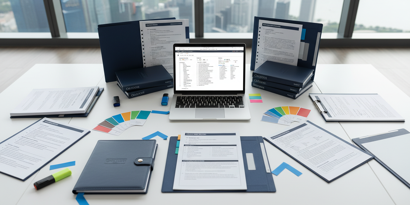 Organized multilingual translation workspace with style guides, laptop, and Singapore skyline.