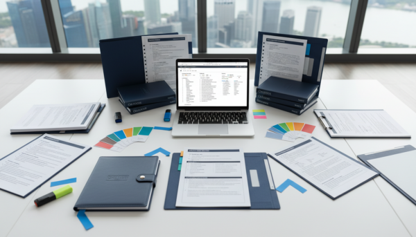 Organized multilingual translation workspace with style guides, laptop, and Singapore skyline.