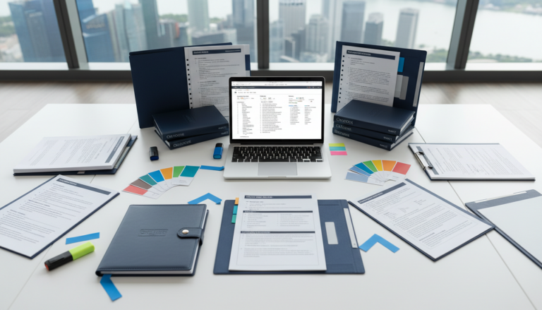 Organized multilingual translation workspace with style guides, laptop, and Singapore skyline.