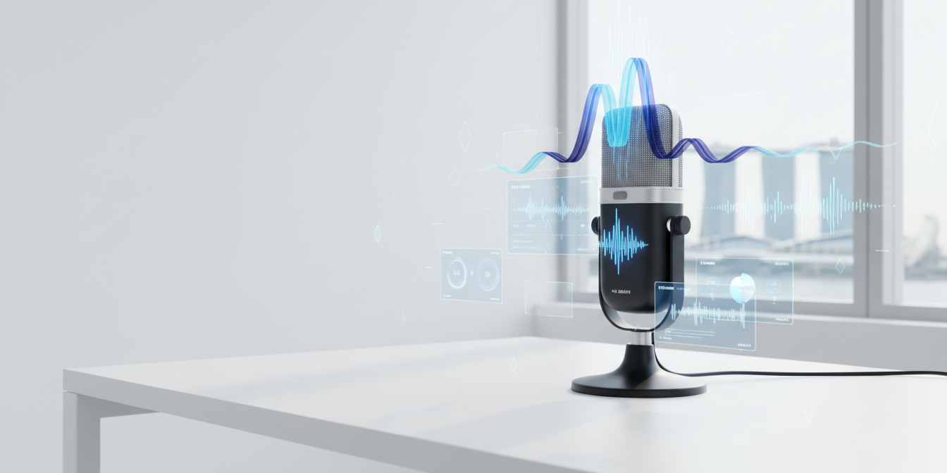Sleek microphone with LED waveforms on a white desk, Singapore skyline in background.