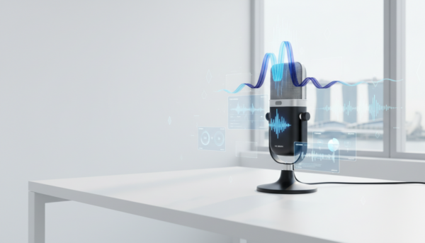 Sleek microphone with LED waveforms on a white desk, Singapore skyline in background.