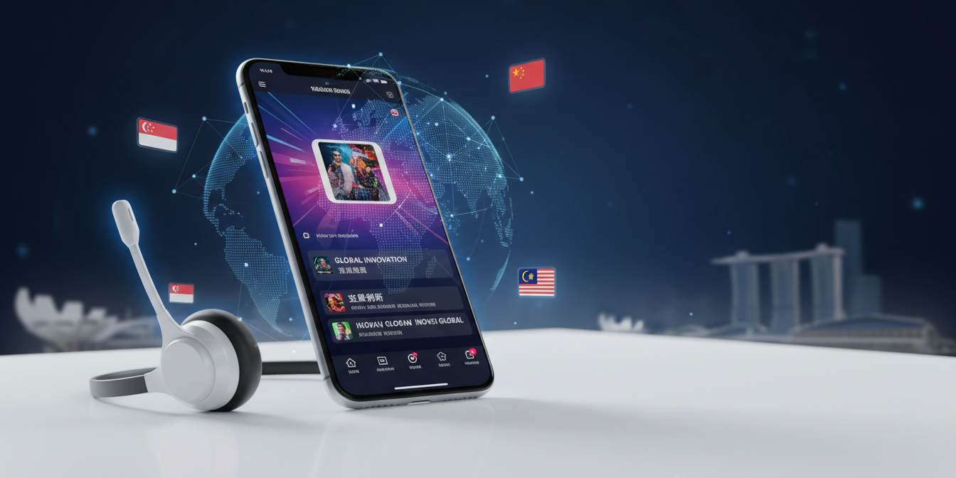 Smartphone on desk with TikTok video interface, multilingual subtitles, and global elements.