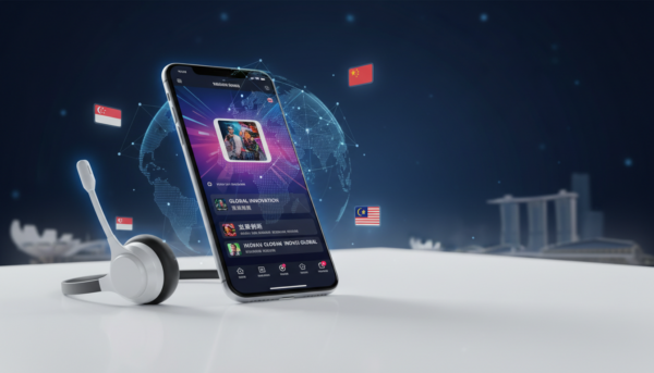 Smartphone on desk with TikTok video interface, multilingual subtitles, and global elements.