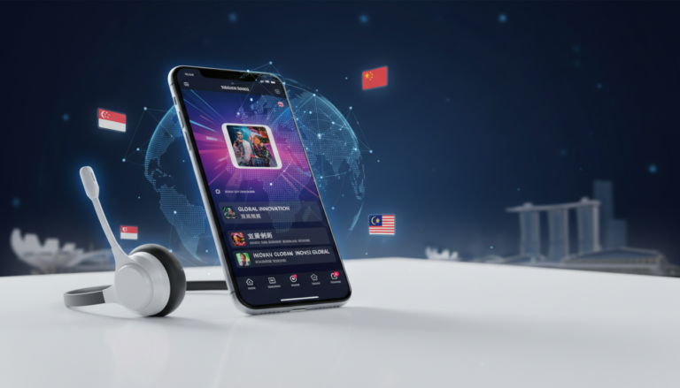 Smartphone on desk with TikTok video interface, multilingual subtitles, and global elements.