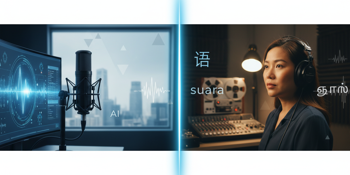Split-screen of AI voice-over studio and human dubbing booth with skyline view.