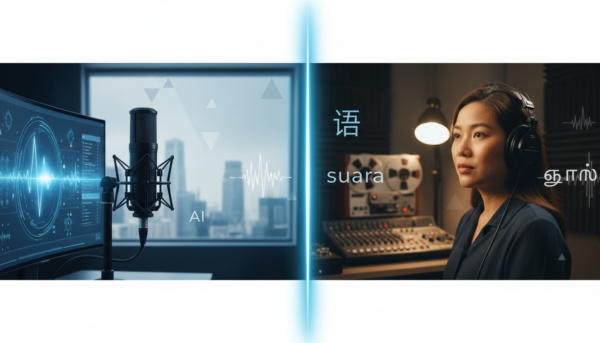 Split-screen of AI voice-over studio and human dubbing booth with skyline view.