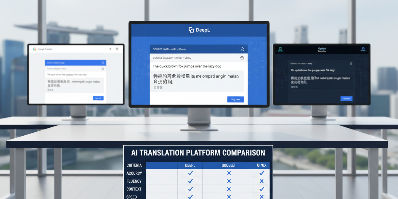 Three AI translation interfaces on sleek monitors with Singapore skyline, quality checklist foreground.