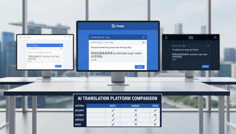 Three AI translation interfaces on sleek monitors with Singapore skyline, quality checklist foreground.