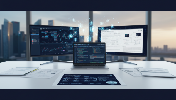 Dual monitors show crypto data, open blockchain document, laptop with code, Singapore skyline.