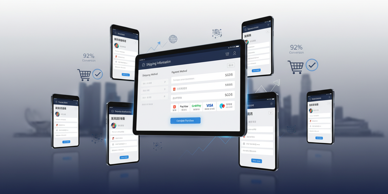 E-commerce checkout interface on devices with Asian language options, Singapore skyline backdrop.