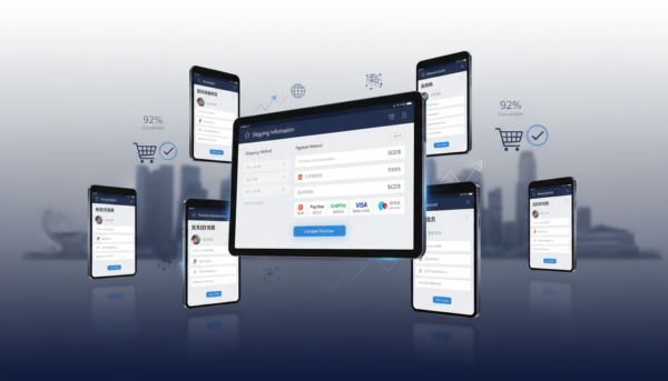 E-commerce checkout interface on devices with Asian language options, Singapore skyline backdrop.