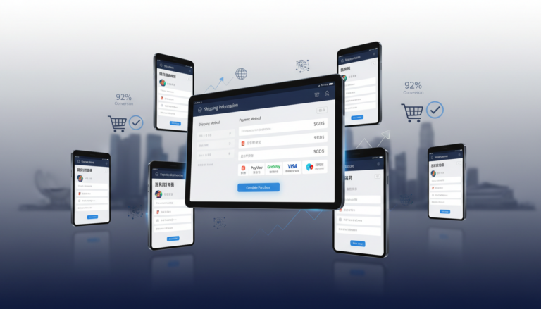 E-commerce checkout interface on devices with Asian language options, Singapore skyline backdrop.