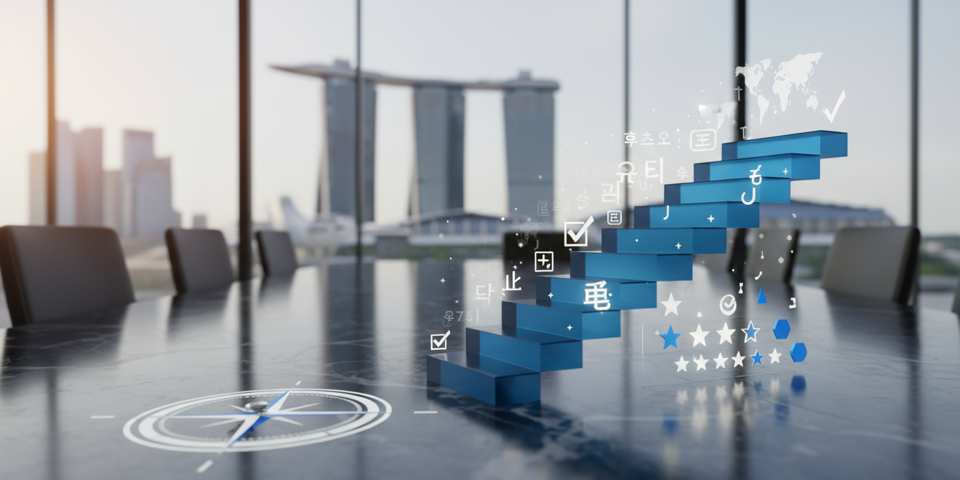 Elegant blue acrylic staircase sculpture on marble table with global symbols, cityscape view.