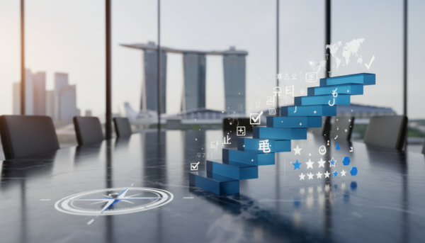Elegant blue acrylic staircase sculpture on marble table with global symbols, cityscape view.