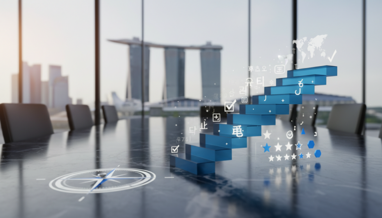 Elegant blue acrylic staircase sculpture on marble table with global symbols, cityscape view.