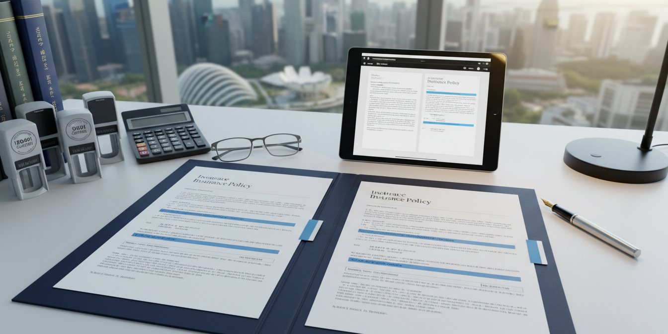 Elegant office desk with multilingual insurance documents, tablet, glasses, and city view.