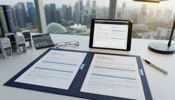 Elegant office desk with multilingual insurance documents, tablet, glasses, and city view.