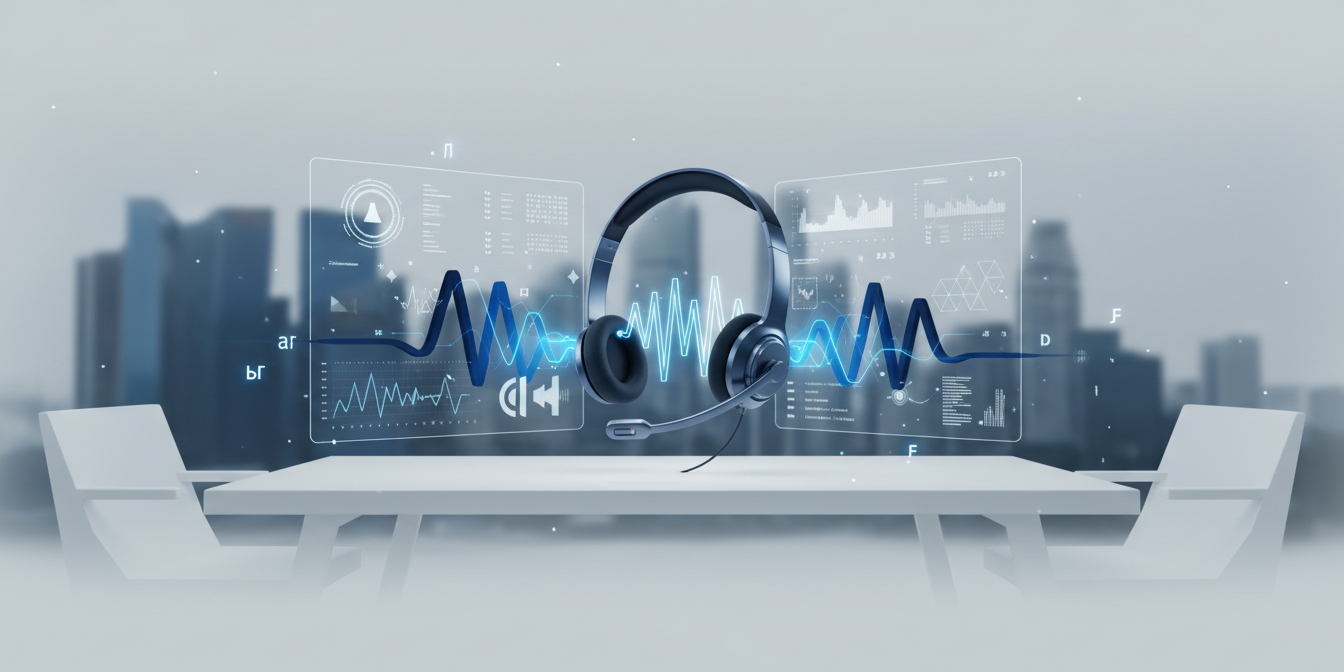 Futuristic headset with glowing waveforms, holographic screens, and blurred cityscape in a modern call center.