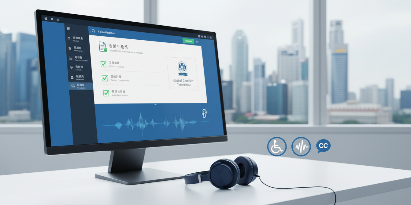 Modern accessibility setup with captioning, audio description, multilingual interface, and skyline backdrop.