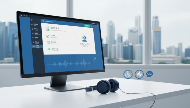 Modern accessibility setup with captioning, audio description, multilingual interface, and skyline backdrop.