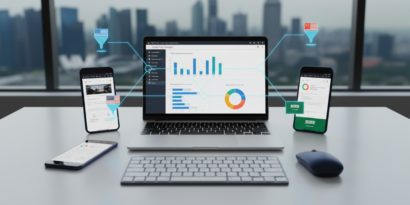 Modern desk with a laptop showing Google Tag Manager, phones displaying multilingual sites, cityscape view.