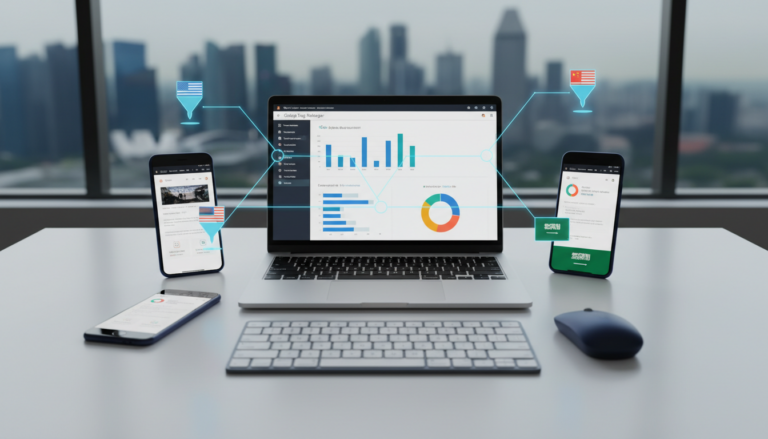 Modern desk with a laptop showing Google Tag Manager, phones displaying multilingual sites, cityscape view.