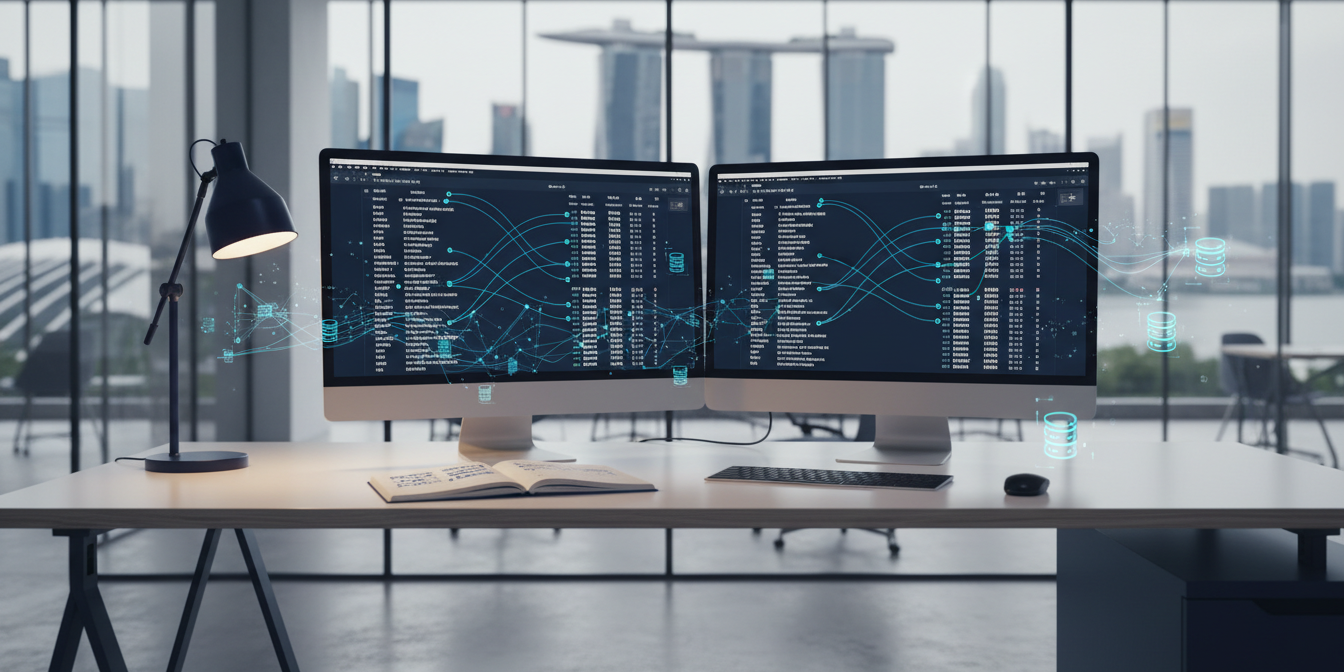 Modern desk with dual monitors showing multilingual text, data lines, and Singapore skyline.