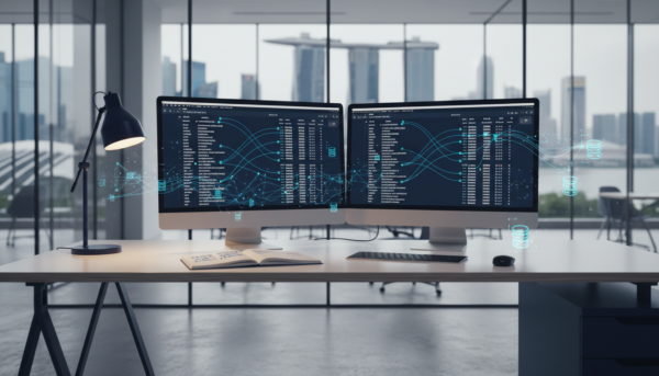 Modern desk with dual monitors showing multilingual text, data lines, and Singapore skyline.