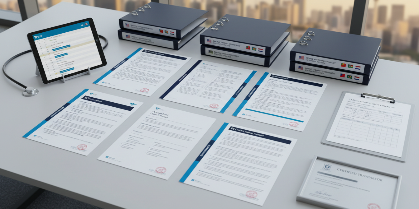 Modern desk with multilingual medical documents, tablet, stethoscope, Singapore skyline view.